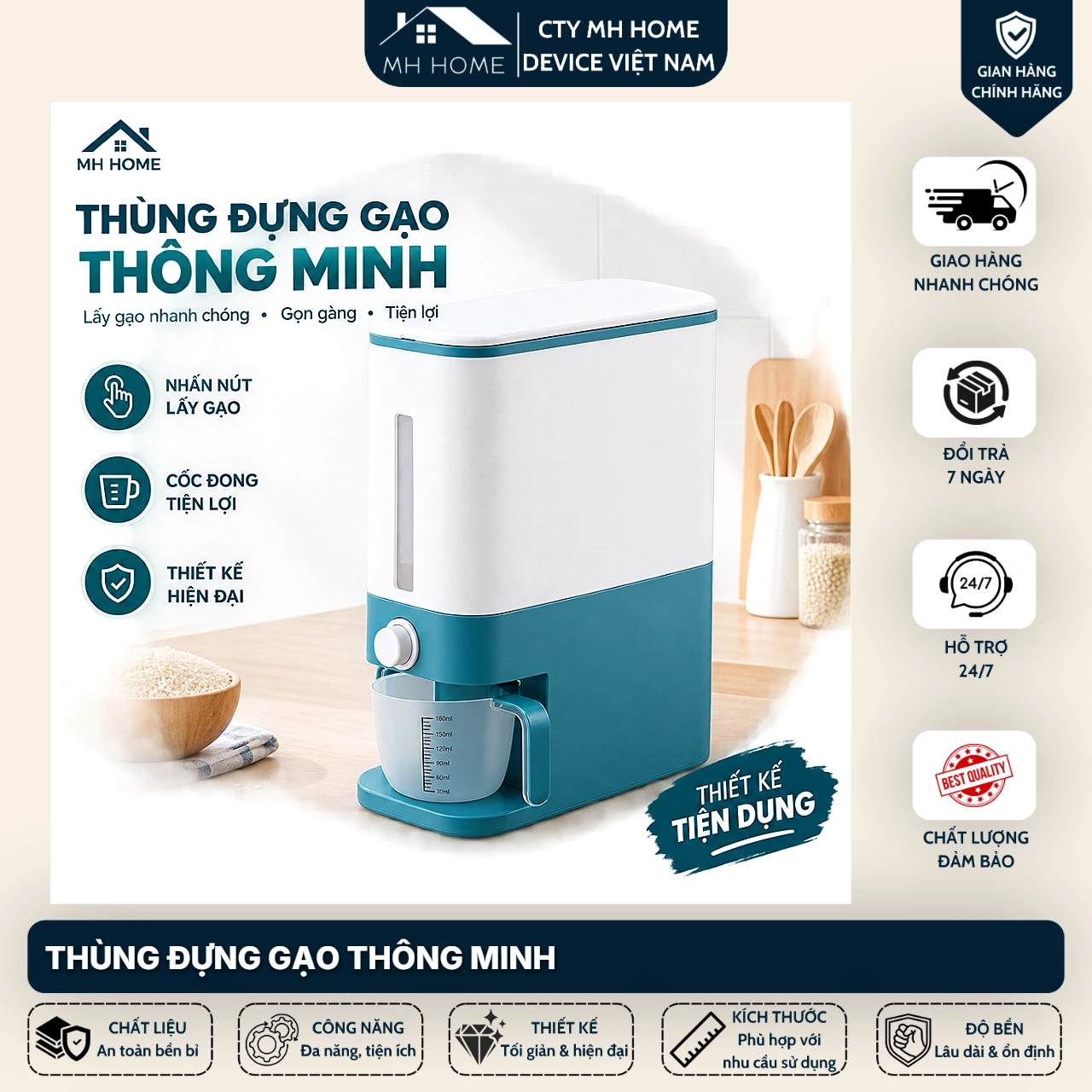 Thùng Gạo Thông Minh MH Home Nhựa PP, Thiết Kế Nhấn Nút Lấy Gạo, Kèm Cốc Đong, Gọn Gàng Tiện Lợi GD